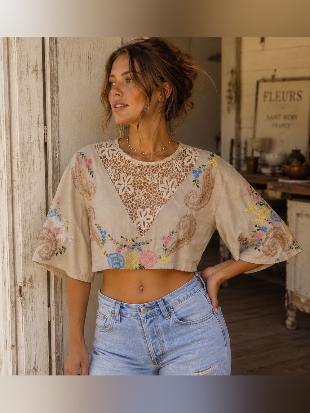 American Vintage California Embroidered Lace Crop Top Boho Festival Bell Sleeve